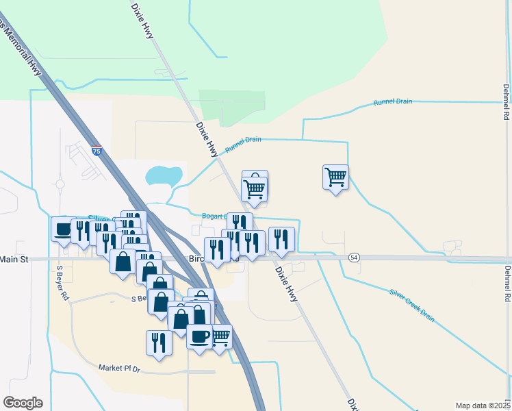 map of restaurants, bars, coffee shops, grocery stores, and more near 11853 Dixie Highway in Birch Run