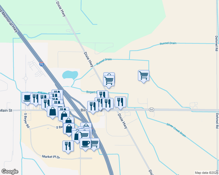 map of restaurants, bars, coffee shops, grocery stores, and more near 11853 Dixie Highway in Birch Run
