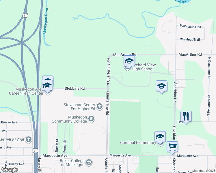 map of restaurants, bars, coffee shops, grocery stores, and more near 16 North Quarterline Road in Muskegon