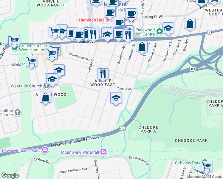 map of restaurants, bars, coffee shops, grocery stores, and more near 157 Broadway Avenue in Hamilton