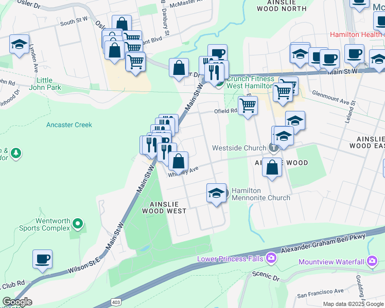 map of restaurants, bars, coffee shops, grocery stores, and more near 44 Elizabeth Court in Hamilton