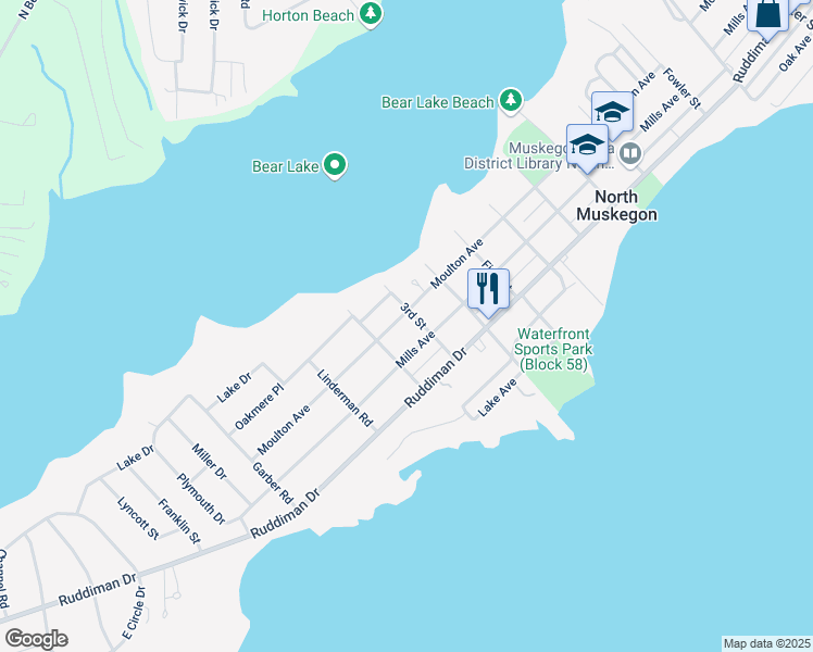 map of restaurants, bars, coffee shops, grocery stores, and more near 918 Mills Avenue in Muskegon