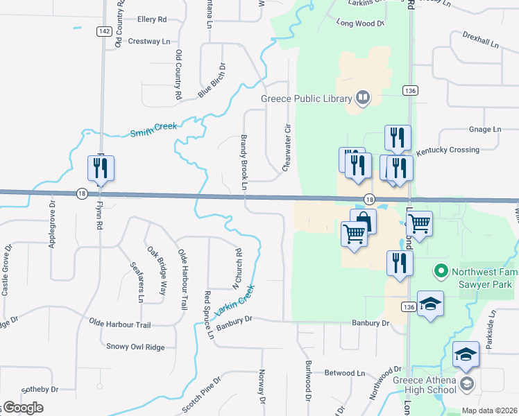 map of restaurants, bars, coffee shops, grocery stores, and more near 18 Torrey Pine Drive in Rochester