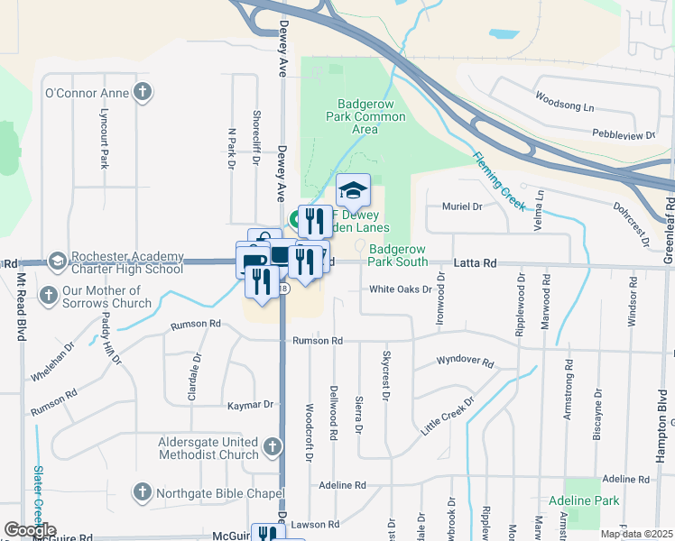 map of restaurants, bars, coffee shops, grocery stores, and more near 1225 Latta Road in Rochester