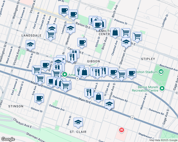 map of restaurants, bars, coffee shops, grocery stores, and more near 42 Stirton Street in Hamilton