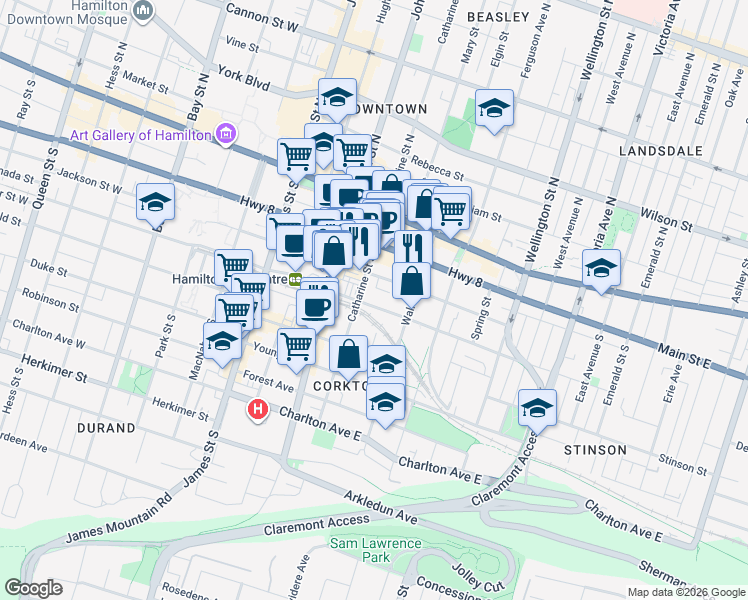 map of restaurants, bars, coffee shops, grocery stores, and more near 111 Hunter Street East in Hamilton