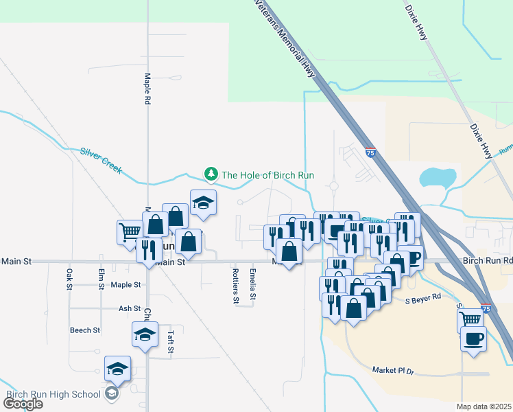 map of restaurants, bars, coffee shops, grocery stores, and more near 11840 Silver Creek Drive in Birch Run