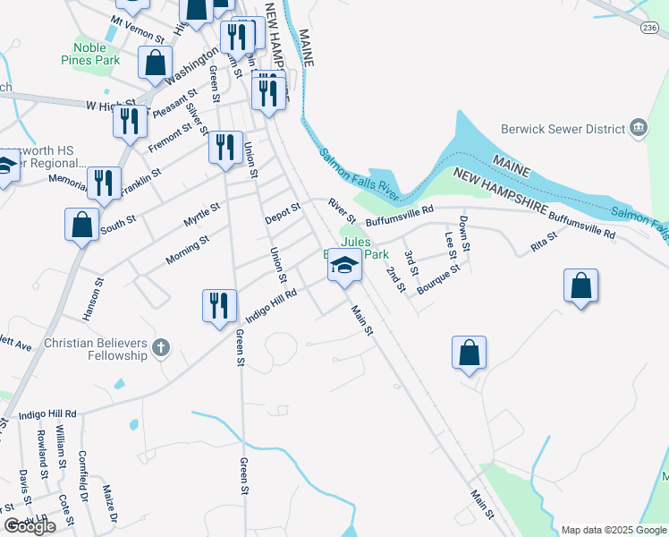 map of restaurants, bars, coffee shops, grocery stores, and more near 324 Main Street in Somersworth