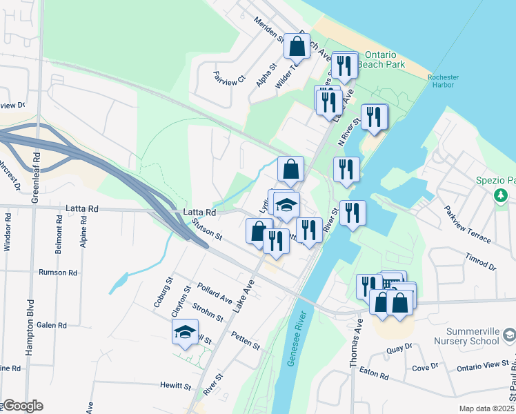 map of restaurants, bars, coffee shops, grocery stores, and more near 85 Lydia Street in Rochester