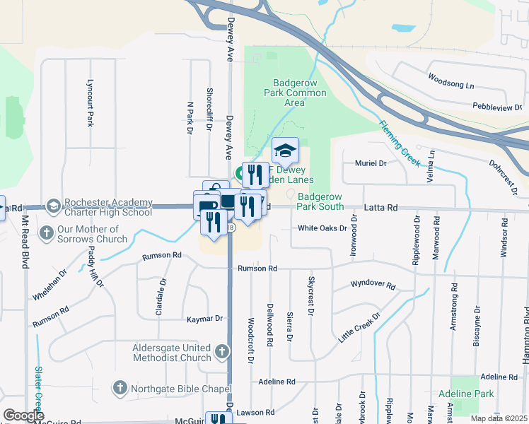 map of restaurants, bars, coffee shops, grocery stores, and more near 1225 Latta Road in Rochester