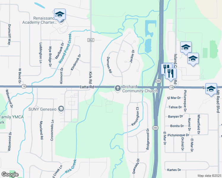 map of restaurants, bars, coffee shops, grocery stores, and more near 2287 Latta Road in Rochester