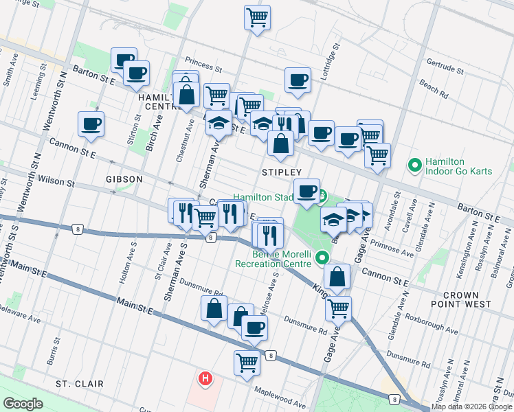 map of restaurants, bars, coffee shops, grocery stores, and more near in Hamilton