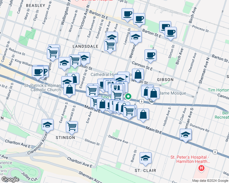 map of restaurants, bars, coffee shops, grocery stores, and more near in Hamilton