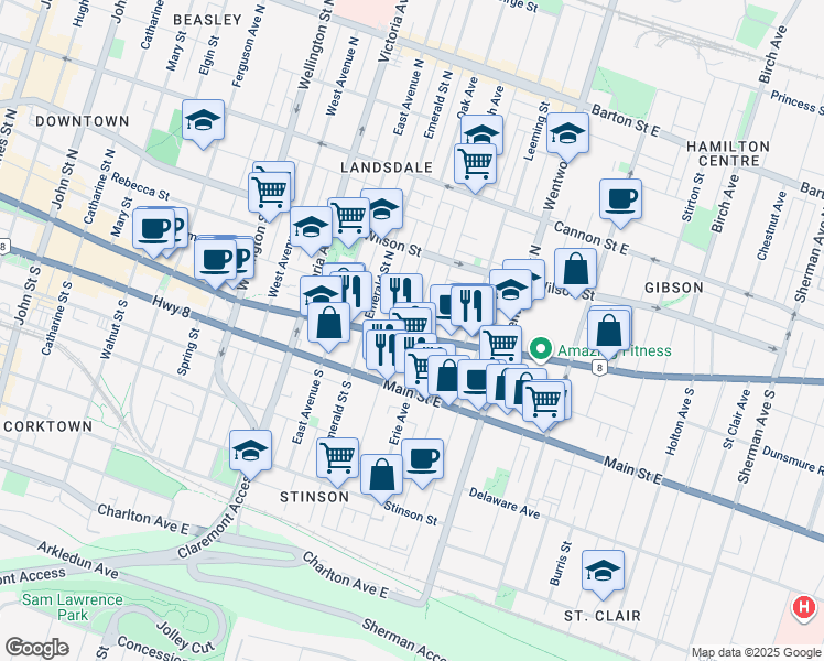 map of restaurants, bars, coffee shops, grocery stores, and more near 547 King Street East in Hamilton