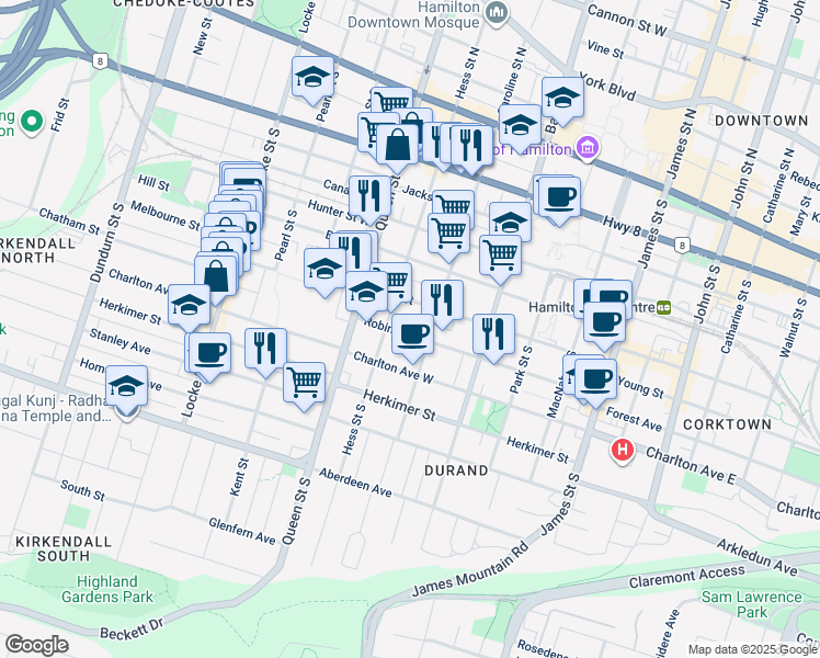 map of restaurants, bars, coffee shops, grocery stores, and more near in Hamilton