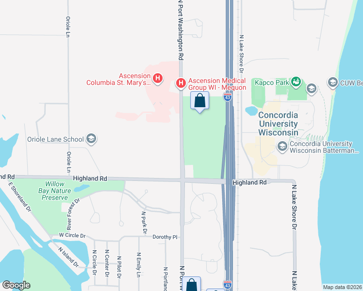 map of restaurants, bars, coffee shops, grocery stores, and more near 13155 North Port Washington Road in Mequon