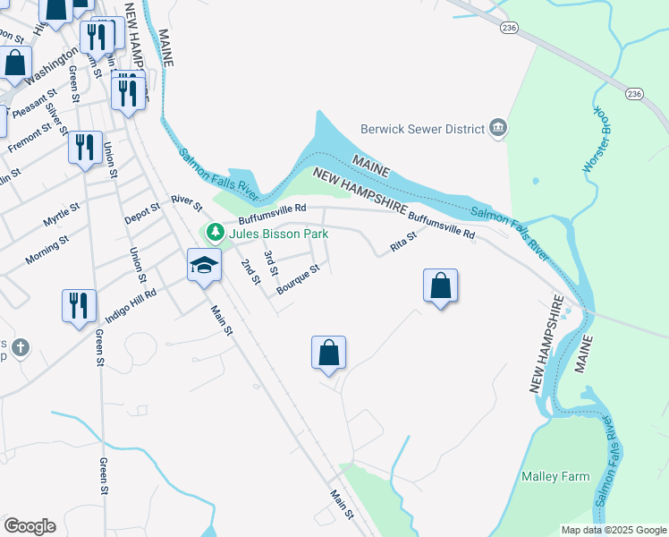 map of restaurants, bars, coffee shops, grocery stores, and more near 12 Down Street in Somersworth