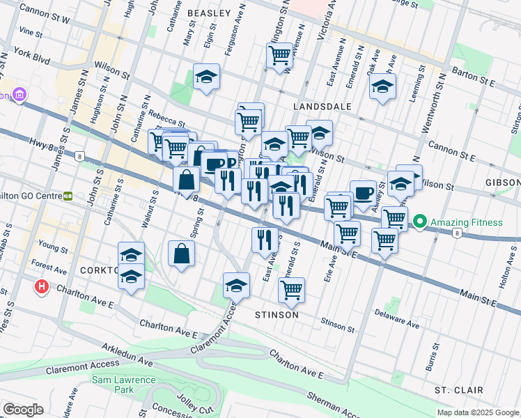 map of restaurants, bars, coffee shops, grocery stores, and more near in Hamilton