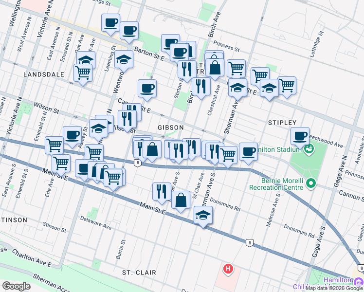 map of restaurants, bars, coffee shops, grocery stores, and more near 44 Holton Avenue North in Hamilton