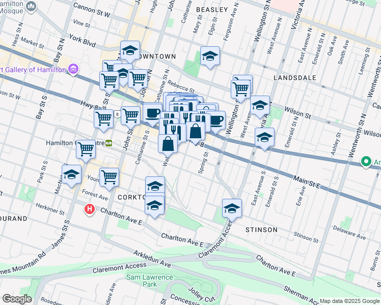 map of restaurants, bars, coffee shops, grocery stores, and more near 185 Jackson Street East in Hamilton