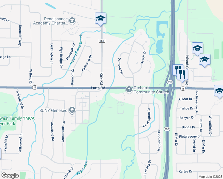 map of restaurants, bars, coffee shops, grocery stores, and more near 2373 Latta Road in Rochester