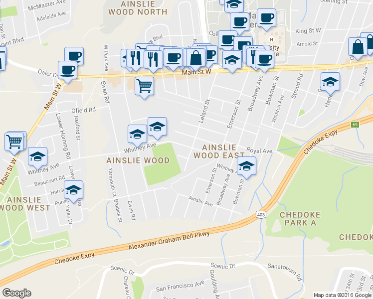 map of restaurants, bars, coffee shops, grocery stores, and more near 111 Leland Street in Hamilton