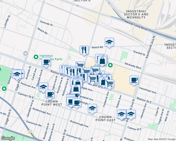 map of restaurants, bars, coffee shops, grocery stores, and more near 450 Ottawa Street North in Hamilton
