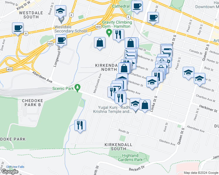 map of restaurants, bars, coffee shops, grocery stores, and more near 252 Homewood Avenue in Hamilton