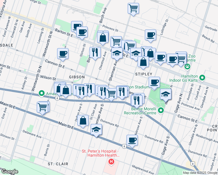 map of restaurants, bars, coffee shops, grocery stores, and more near 50 Sherman Avenue North in Hamilton