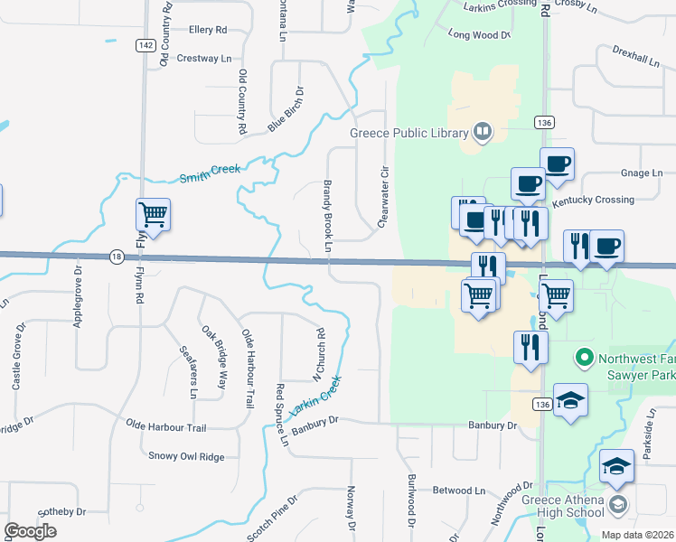 map of restaurants, bars, coffee shops, grocery stores, and more near 18 Torrey Pine Drive in Rochester
