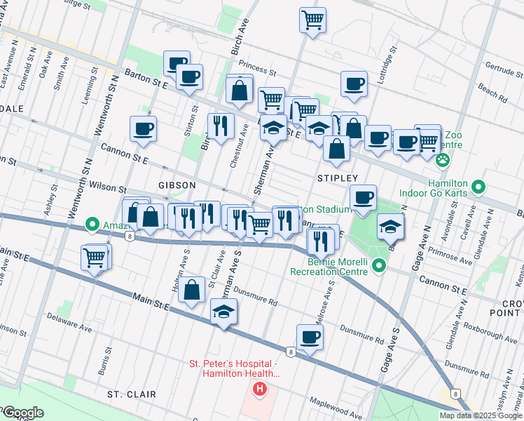 map of restaurants, bars, coffee shops, grocery stores, and more near 42 Sherman Avenue North in Hamilton