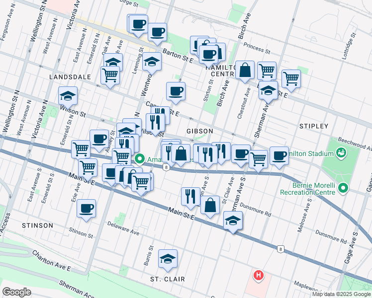 map of restaurants, bars, coffee shops, grocery stores, and more near in Hamilton