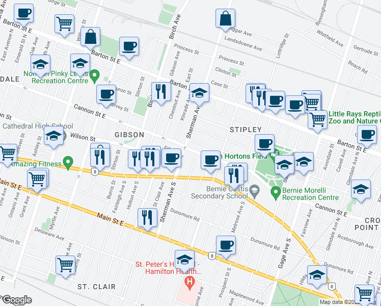 map of restaurants, bars, coffee shops, grocery stores, and more near 718 Cannon Street East in Hamilton