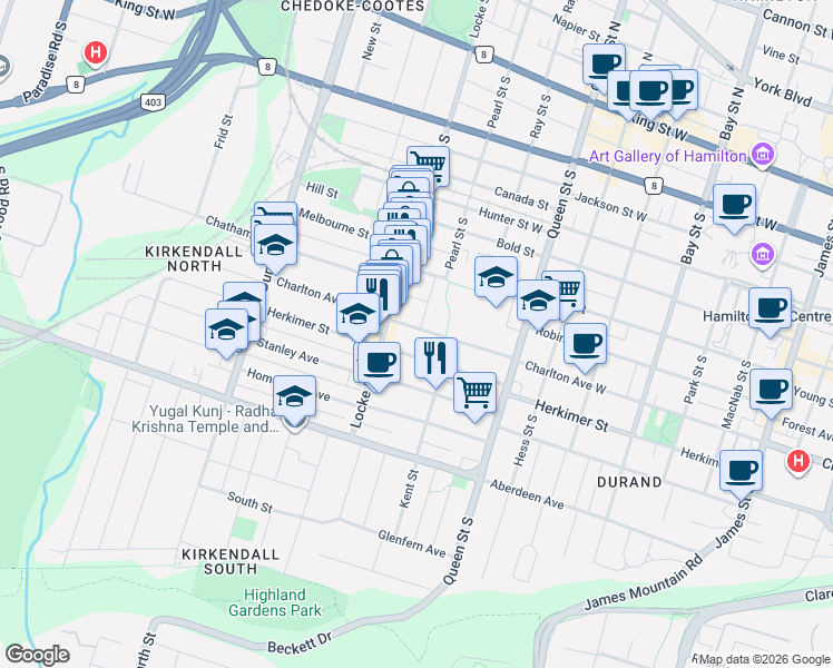 map of restaurants, bars, coffee shops, grocery stores, and more near 285 Charlton Avenue West in Hamilton