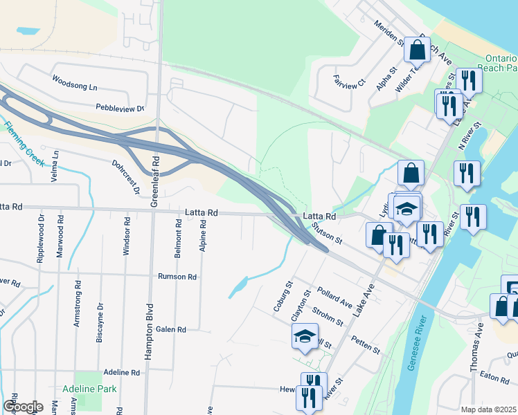 map of restaurants, bars, coffee shops, grocery stores, and more near 430 Latta Road in Rochester