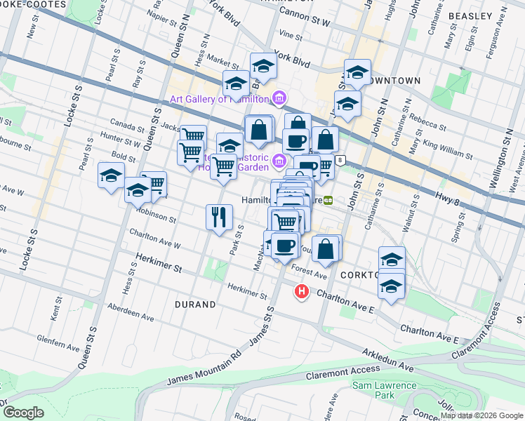 map of restaurants, bars, coffee shops, grocery stores, and more near 47 Bold Street in Hamilton