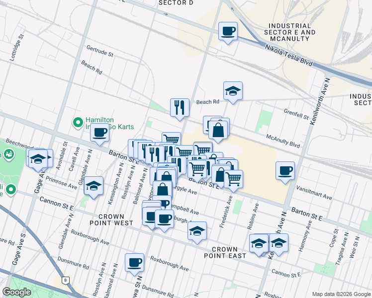 map of restaurants, bars, coffee shops, grocery stores, and more near 468 Ottawa Street North in Hamilton