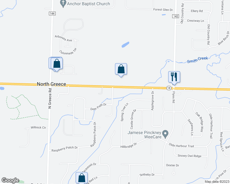 map of restaurants, bars, coffee shops, grocery stores, and more near 34 Silver Fox Circle in Rochester