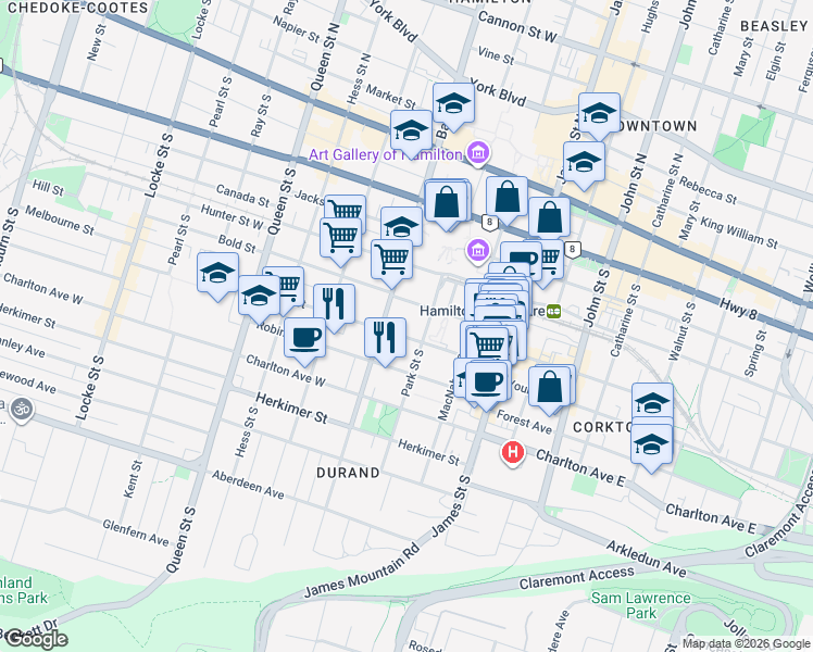 map of restaurants, bars, coffee shops, grocery stores, and more near 90 Duke Street in Hamilton