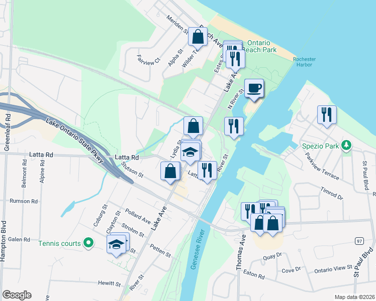 map of restaurants, bars, coffee shops, grocery stores, and more near 4489 Lake Avenue in Rochester