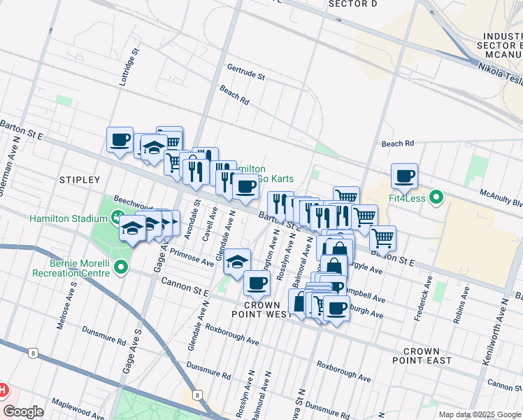 map of restaurants, bars, coffee shops, grocery stores, and more near in Hamilton