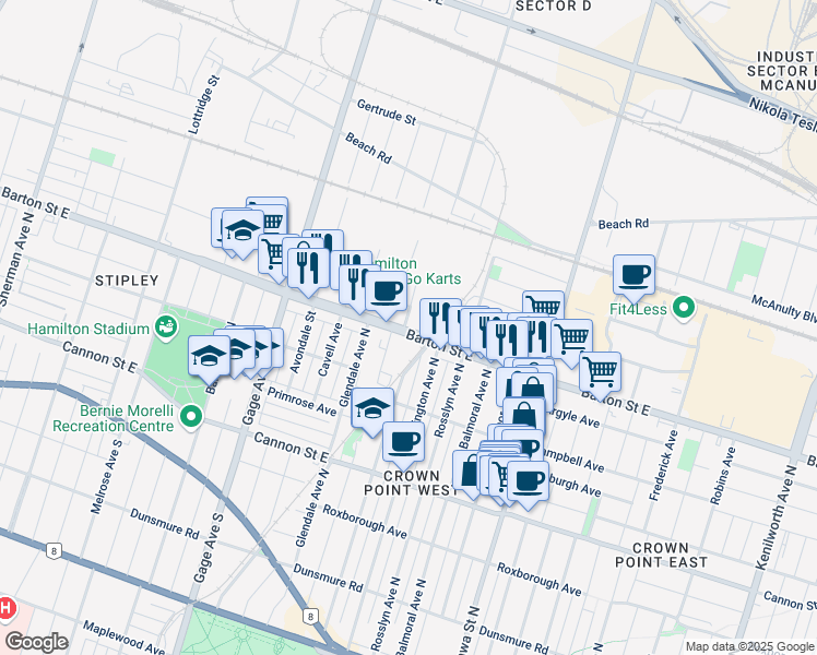 map of restaurants, bars, coffee shops, grocery stores, and more near in Hamilton