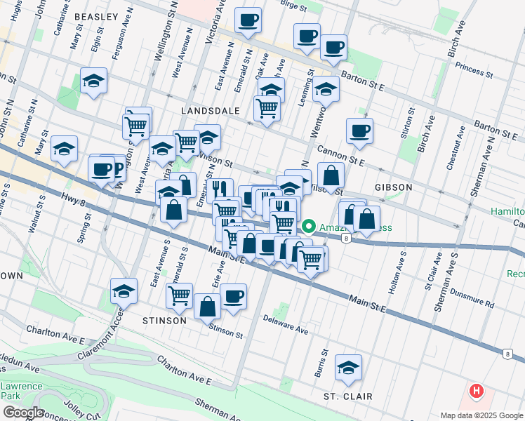 map of restaurants, bars, coffee shops, grocery stores, and more near 595 King Street East in Hamilton