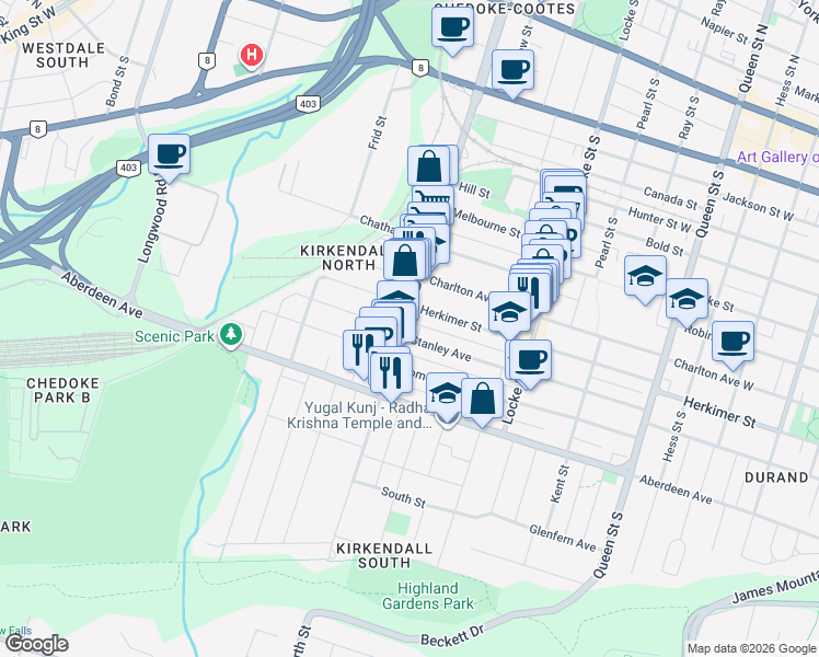 map of restaurants, bars, coffee shops, grocery stores, and more near 285 Dundurn Street South in Hamilton