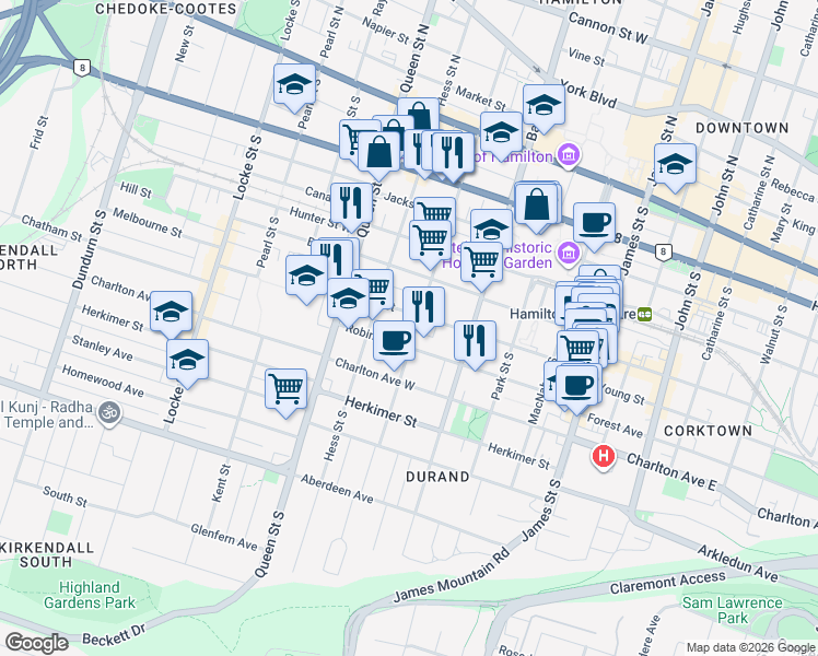 map of restaurants, bars, coffee shops, grocery stores, and more near 190 Caroline Street South in Hamilton