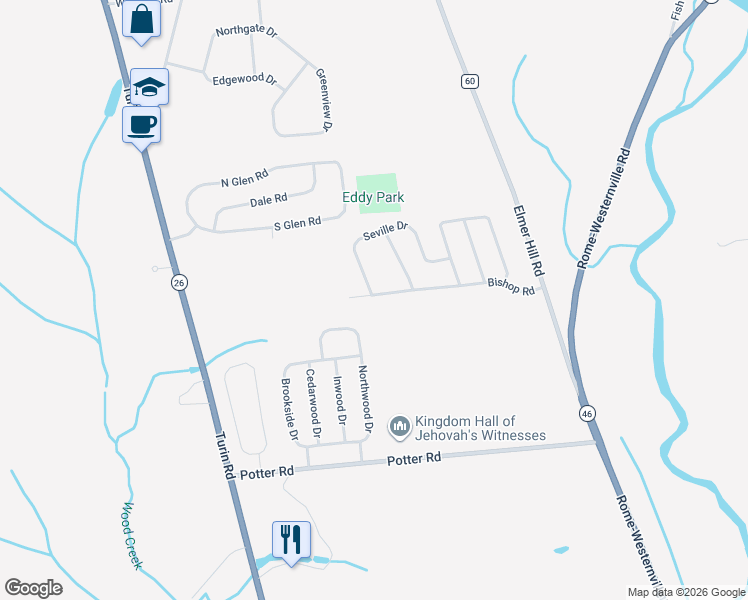 map of restaurants, bars, coffee shops, grocery stores, and more near 6604 Bishop Road in Rome