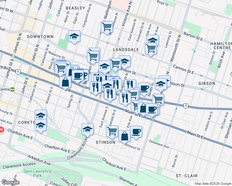 map of restaurants, bars, coffee shops, grocery stores, and more near 467 King Street East in Hamilton