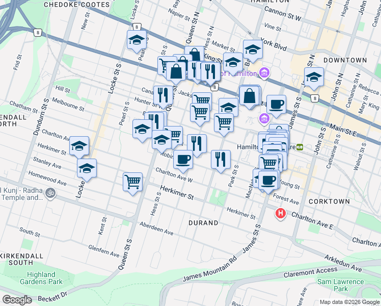 map of restaurants, bars, coffee shops, grocery stores, and more near 188 Caroline Street South in Hamilton