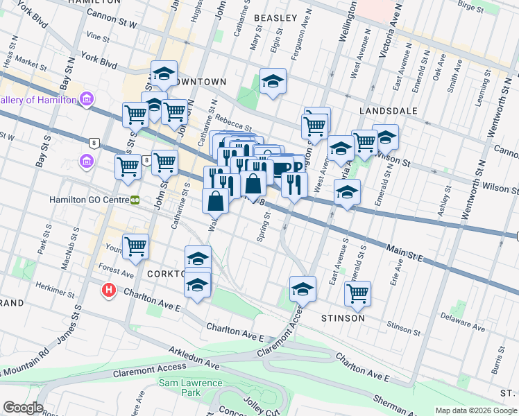 map of restaurants, bars, coffee shops, grocery stores, and more near 210 Main Street East in Hamilton