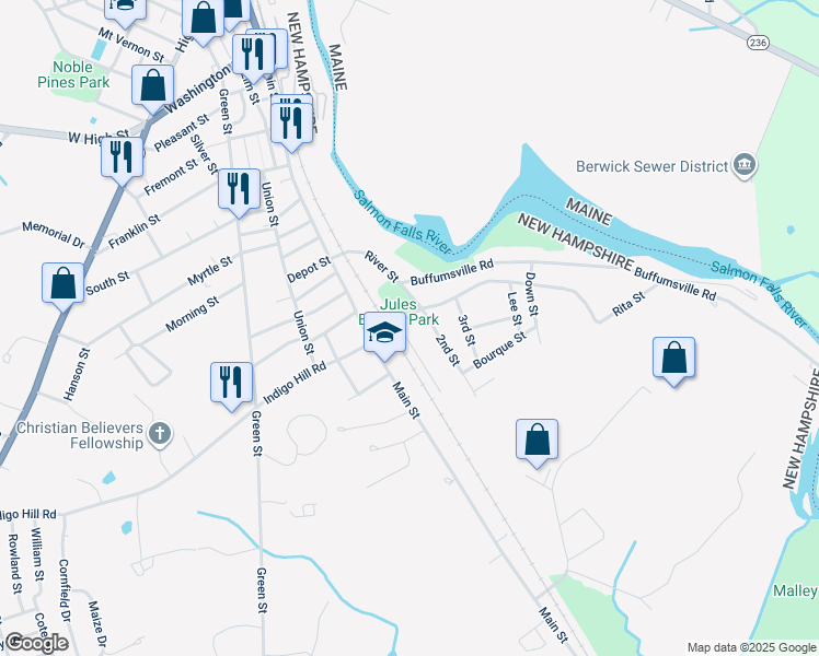 map of restaurants, bars, coffee shops, grocery stores, and more near 2 1st Street in Somersworth
